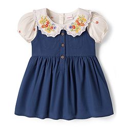 Babyhug 100% Cotton Woven Half Sleeves Frock & Inner Tee With Floral Embroidered - Blue