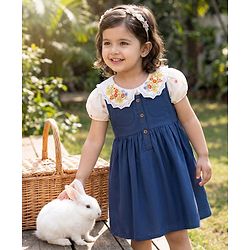 Babyhug 100% Cotton Woven Half Sleeves Frock & Inner Tee With Floral Embroidered - Blue