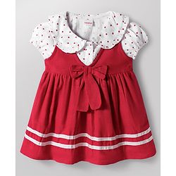 Babyhug Cotton Woven Half Puffed Sleeves Polka Dots Printed T-Shirt & Frock with Bow Applique - Red