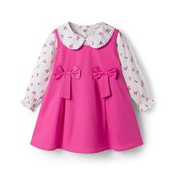Babyhug Cotton Woven Frock & Full Sleeves Inner Tee With Floral Print & Bow Applique - Pink & White