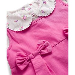 Babyhug Cotton Woven Frock & Full Sleeves Inner Tee With Floral Print & Bow Applique - Pink & White