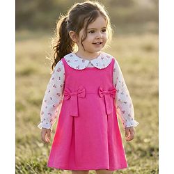 Babyhug Cotton Woven Frock & Full Sleeves Inner Tee With Floral Print & Bow Applique - Pink & White