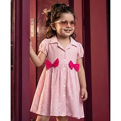 Babyhug 100% Cotton Woven Half Sleeves Striped & Polka Dots Printed Frock With Bow Applique - Pink