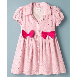 Babyhug 100% Cotton Woven Half Sleeves Striped & Polka Dots Printed Frock With Bow Applique - Pink