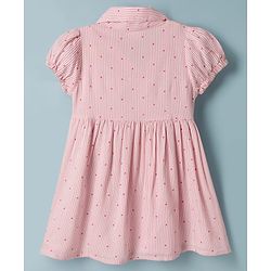 Babyhug 100% Cotton Woven Half Sleeves Striped & Polka Dots Printed Frock With Bow Applique - Pink