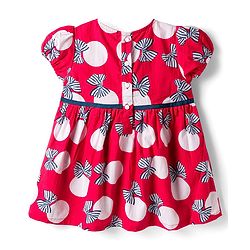 Babyhug Cotton Woven Half Sleeves Frock With Bow Print - Red