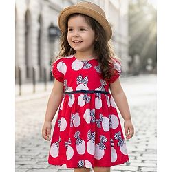Babyhug Cotton Woven Half Sleeves Frock With Bow Print - Red