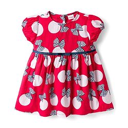 Babyhug Cotton Woven Half Sleeves Frock With Bow Print - Red