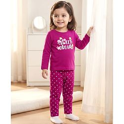 Babyhug Cotton Knit Full Sleeves T-Shirt & Pajama Night Suit with Sweet Dreams Print - Dark Pink