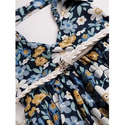 Babyhug 100% Cotton Woven Sleeveless Floral Printed Frock With Belt - Navy Blue