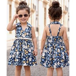 Babyhug 100% Cotton Woven Sleeveless Floral Printed Frock With Belt - Navy Blue