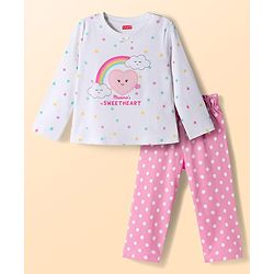 Babyhug Cotton Knit Full Sleeves Polka Dots Printed & Hearts Embroidered T-Shirt & Pyjama Night Suit - White & Pink