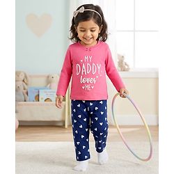 Babyhug Cotton Knit Full Sleeves Text & Hearts Printed T-Shirt & Pyjama Night Suit - Pink & Navy Blue