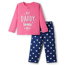 Babyhug Cotton Knit Full Sleeves Text & Hearts Printed T-Shirt & Pyjama Night Suit - Pink & Navy Blue