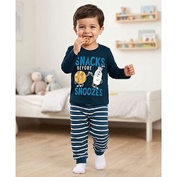 Babyhug Cotton Knit Full Sleeves T-Shirt & Pyjama Night Suit With Text Print - Navy Blue
