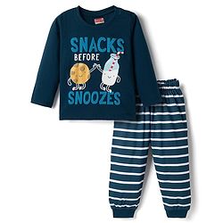 Babyhug Cotton Knit Full Sleeves T-Shirt & Pyjama Night Suit With Text Print - Navy Blue