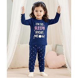 Babyhug Cotton Knit Full Sleeves T-Shirt & Pajama Night Suit with Text Print - Navy Blue