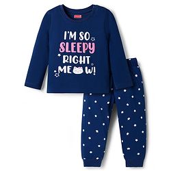 Babyhug Cotton Knit Full Sleeves T-Shirt & Pajama Night Suit with Text Print - Navy Blue