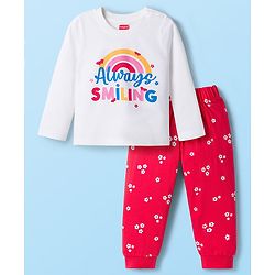 Babyhug Cotton Knit Full Sleeves T-Shirt & Pajama Night Suit with Always Smiling Print - Red & White