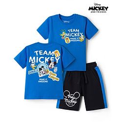 Babyhug Disney Single Jersey Knit  Half Sleeves T-Shirt & Cut & Sew Shorts Set with Mickey & Friend Front and Back Print - Blue & Black