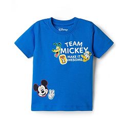 Babyhug Disney Single Jersey Knit  Half Sleeves T-Shirt & Cut & Sew Shorts Set with Mickey & Friend Front and Back Print - Blue & Black