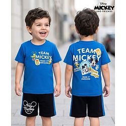 Babyhug Disney Single Jersey Knit  Half Sleeves T-Shirt & Cut & Sew Shorts Set with Mickey & Friend Front and Back Print - Blue & Black