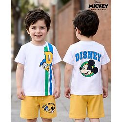 Babyhug Disney Single Jersey Knit Half Sleeves T-Shirt & Shorts Set with Mickey & Friend Front and Back Print - White & Yellow