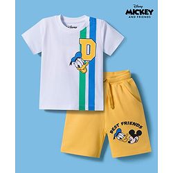 Babyhug Disney Single Jersey Knit Half Sleeves T-Shirt & Shorts Set with Mickey & Friend Front and Back Print - White & Yellow