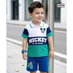 Babyhug Disney Single Jersey Knit Half Sleeves Cut & Sew Polo T-Shirt & Shorts Set with Mickey Mouse Graphics & Badge Detailing - Multiclour