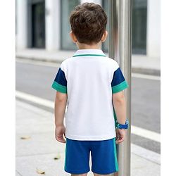 Babyhug Disney Single Jersey Knit Half Sleeves Cut & Sew Polo T-Shirt & Shorts Set with Mickey Mouse Graphics & Badge Detailing - Multiclour