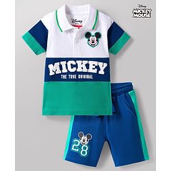 Babyhug Disney Single Jersey Knit Half Sleeves Cut & Sew Polo T-Shirt & Shorts Set with Mickey Mouse Graphics & Badge Detailing - Multiclour