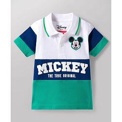 Babyhug Disney Single Jersey Knit Half Sleeves Cut & Sew Polo T-Shirt & Shorts Set with Mickey Mouse Graphics & Badge Detailing - Multiclour