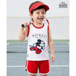 Babyhug Disney Single Jersey Knit Sleeveless T-Shirt & Shorts Set With Mickey Mouse Graphics - Multicolor
