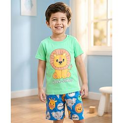 Babyhug Cotton Knit Half Sleeves T-Shirt & Shorts Night Suit With Animal Print - Green