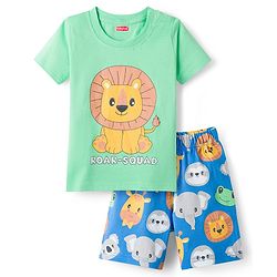 Babyhug Cotton Knit Half Sleeves T-Shirt & Shorts Night Suit With Animal Print - Green