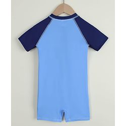 Babyhug Raglan Half Sleeves Space Theme Printed Legged Swimsuit - Light Blue