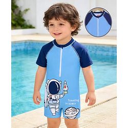 Babyhug Raglan Half Sleeves Space Theme Printed Legged Swimsuit - Light Blue