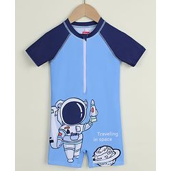 Babyhug Raglan Half Sleeves Space Theme Printed Legged Swimsuit - Light Blue