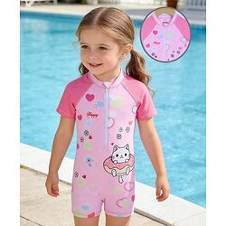 Babyhug Half Raglan Sleeves Legged Swimsuit with Animal Print - Pink
