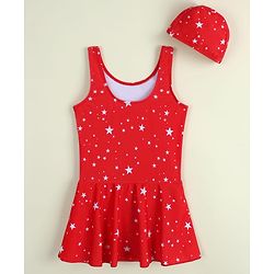 Babyhug Sleeveless Frock Swimsuit with Cap & Star Print - Red