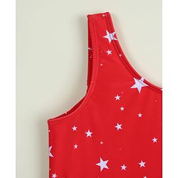 Babyhug Sleeveless Frock Swimsuit with Cap & Star Print - Red