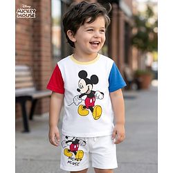 Babyhug Disney Single Jersey Knit Half Sleeves Cut & Sew T-Shirt & Shorts Set With Mickey & Friends Graphics & Badge Detailing - Multicolor