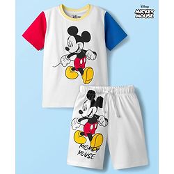 Babyhug Disney Single Jersey Knit Half Sleeves Cut & Sew T-Shirt & Shorts Set With Mickey & Friends Graphics & Badge Detailing - Multicolor