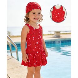 Babyhug Sleeveless Frock Swimsuit with Cap & Star Print - Red