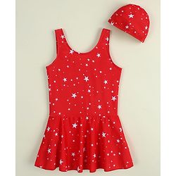 Babyhug Sleeveless Frock Swimsuit with Cap & Star Print - Red