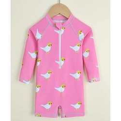 Babyhug Full Raglan Sleeves Legged Swimsuit with Parrot Print - Pink