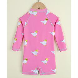 Babyhug Full Raglan Sleeves Legged Swimsuit with Parrot Print - Pink