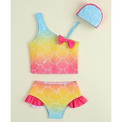 Babyhug Sleeveless Shells Printed Two Piece Swimsuit With Cap - Multicolour