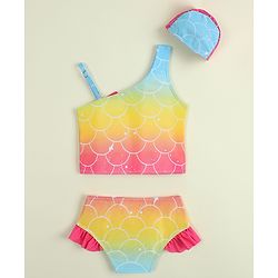 Babyhug Sleeveless Shells Printed Two Piece Swimsuit With Cap - Multicolour