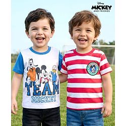 Babyhug Disney Single Jersey Half Sleeves Drop Sholuder T-Shirt with Mickey Mouse & Friends Graphic & Patch Pack of 2 - Multicolour